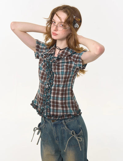 Lace Brown And Blue Plaid Short-sleeved Shirt ZIZ0276