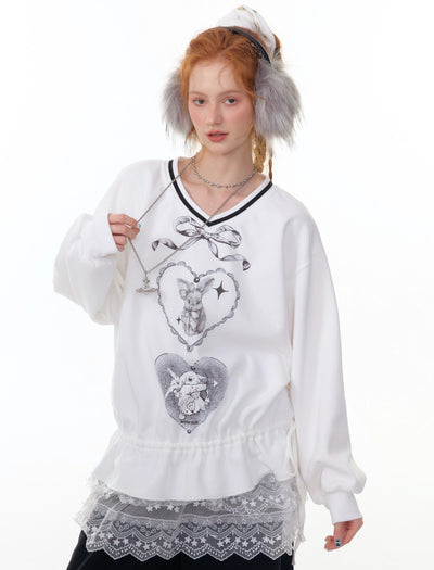 Retro Design Hem Rabbit Print Sweatshirt ZIZ0301