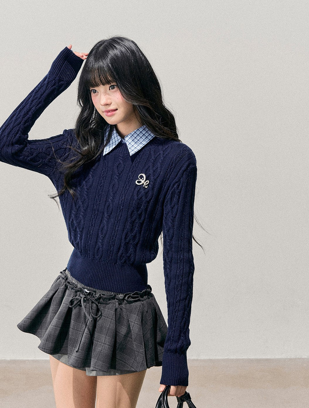 Plaid Collar Cable Knit Sweater DIA0751