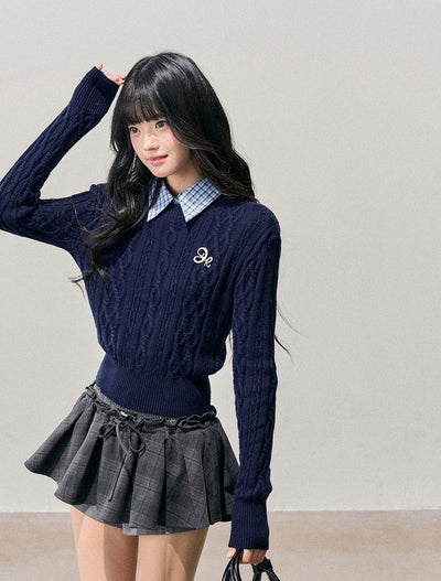 Plaid Collar Cable Knit Sweater DIA0751