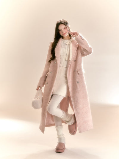 High-grade Mid-length Mist Powder Pink Woolen Long Coat QDQ0091