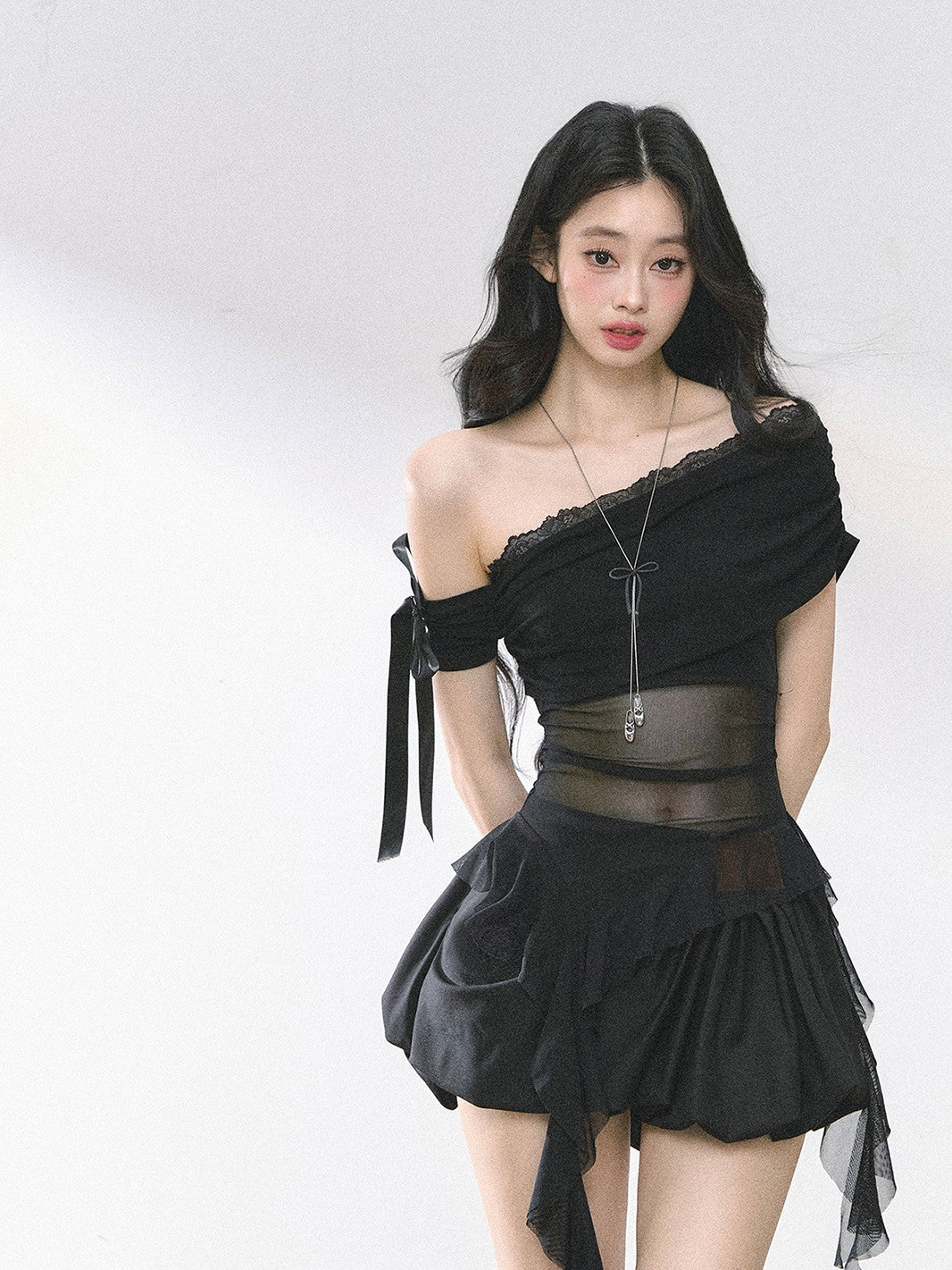 Oblique Shoulder Mesh T-shirt DIA0476