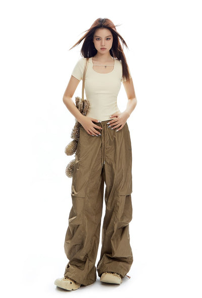 Loose Pleated Glossy Workwear Wide-leg Pants APE0316