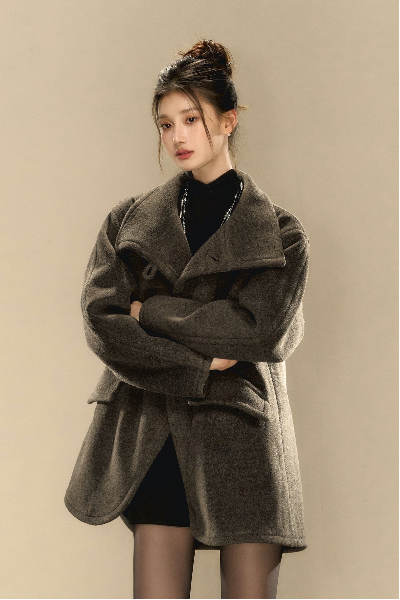 Rock Gray Tweed High Collar Tweed Coat OSH0100