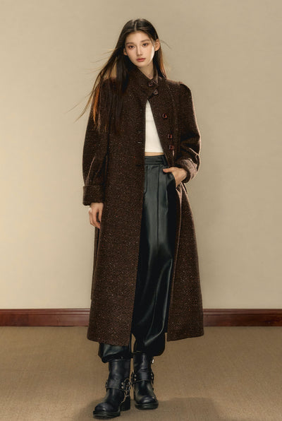 Chocolate Brown Tweed Long Over-the-Knee Wool Coat OSH0103