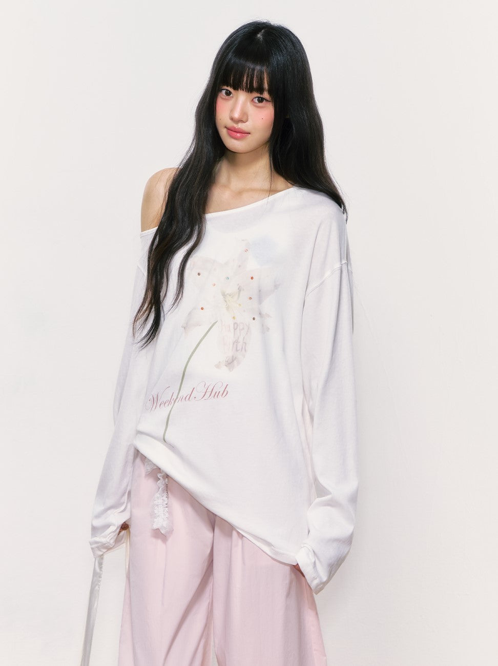 Flower Printed Off-shoulder T-shirt WEE0056