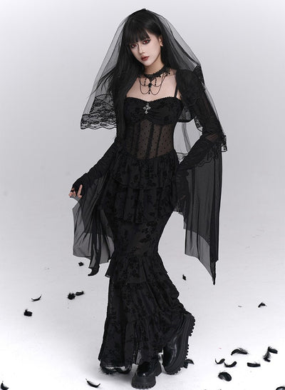 Black Fishtail Suspender Dress/Shawl LAD0242