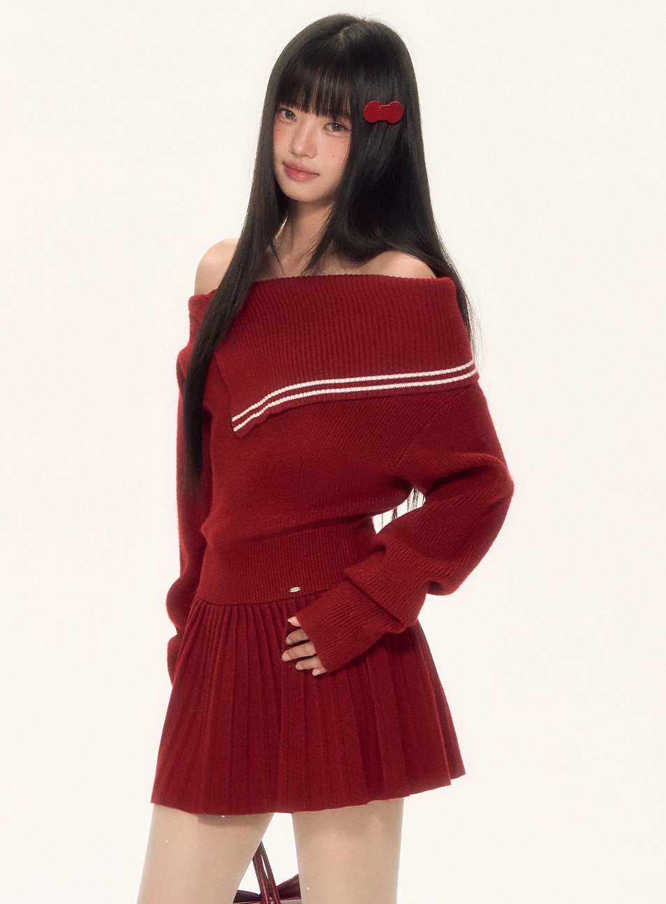 Irregular Navy Collar Off-shoulder Knit Dress WEE0095