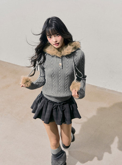 Fur Hooded Cable Knit Sweater DIA0768