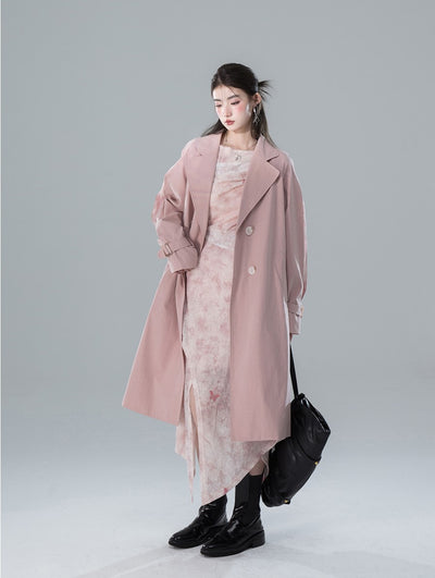 High-sense Lady Extraordinary Pink Patchwork Raglan Sleeve Trench Coat COT0155