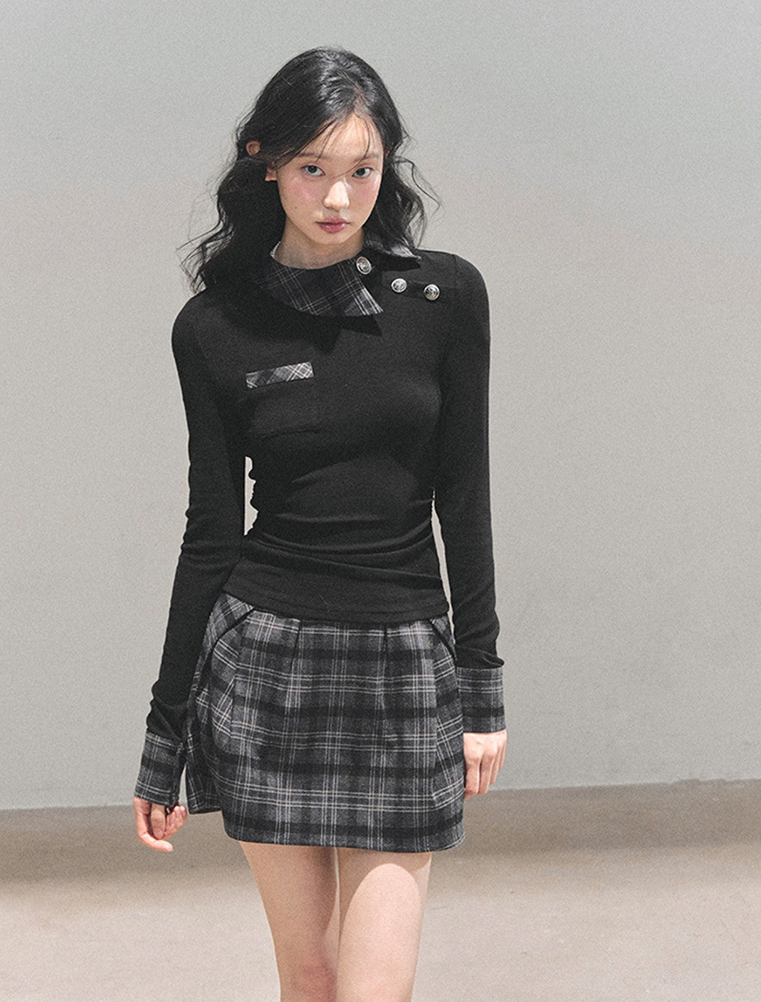 Black Plaid Collar Top/Plaid Short Skirt DIA0757