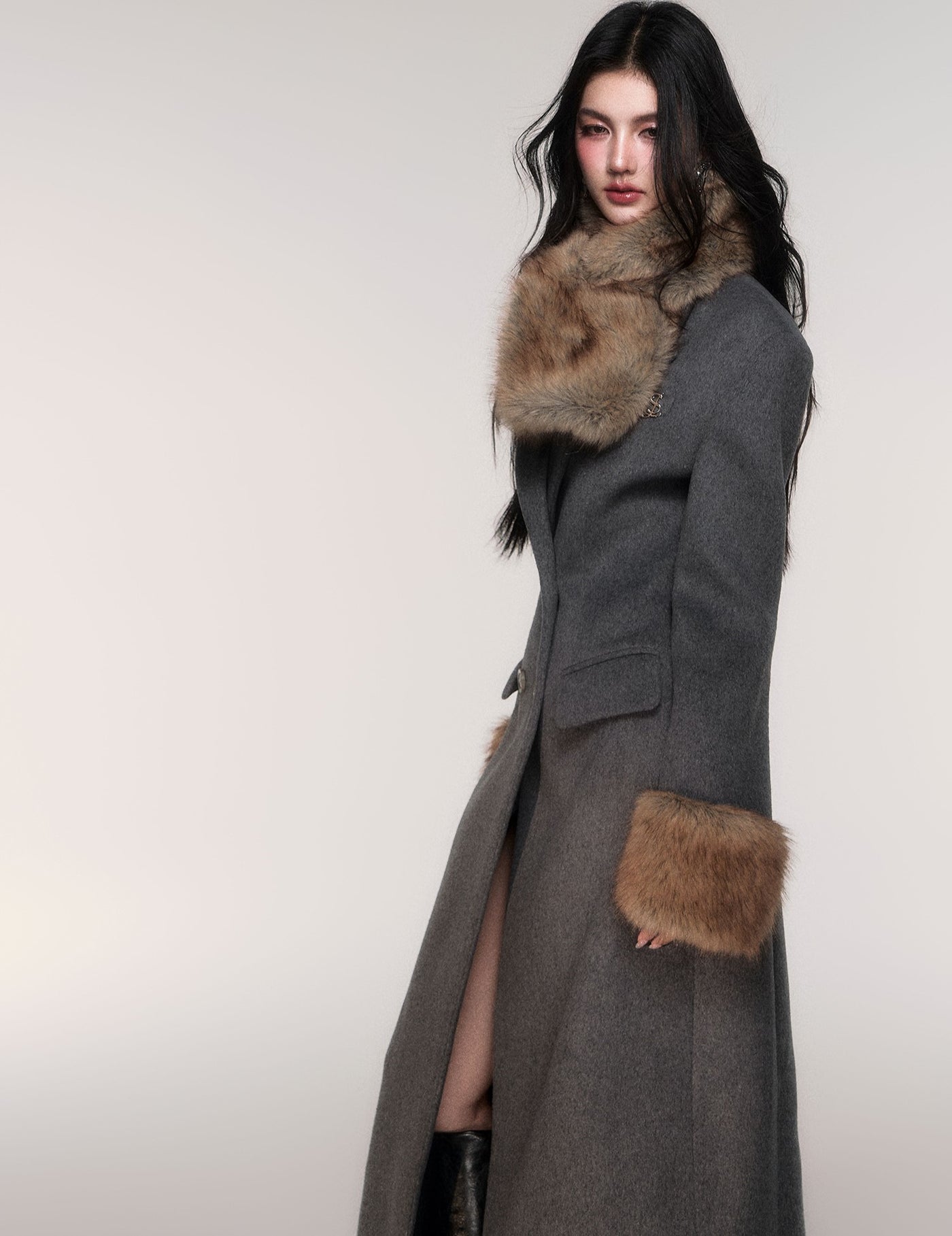 Grey Detachable Scarf Long Coat LUL0207