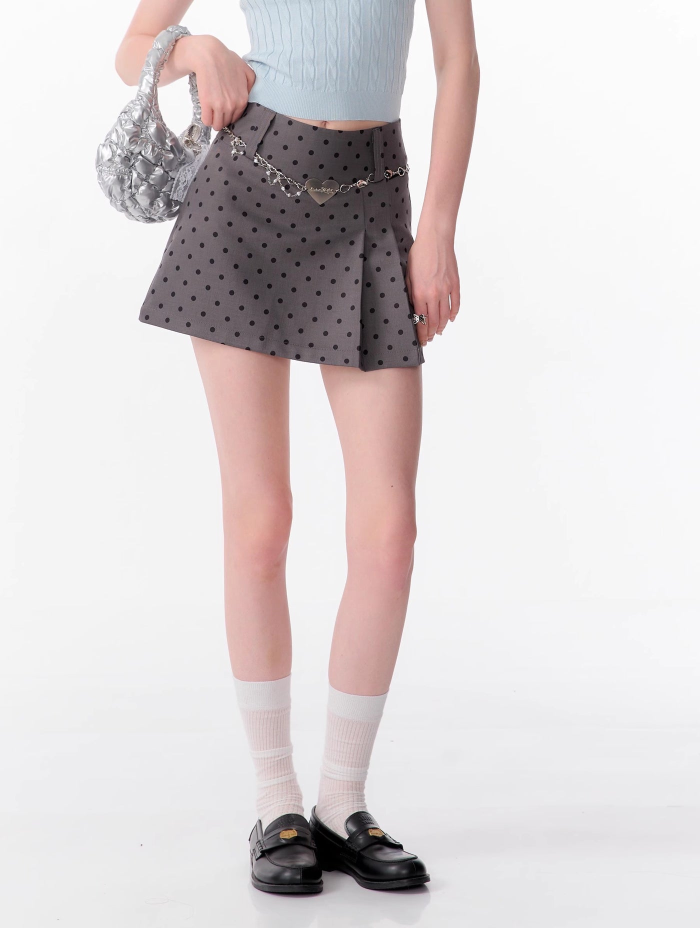 High-end High Waist Slim Black And Gray Polka Dot A-line Short Skirt ZIZ0091