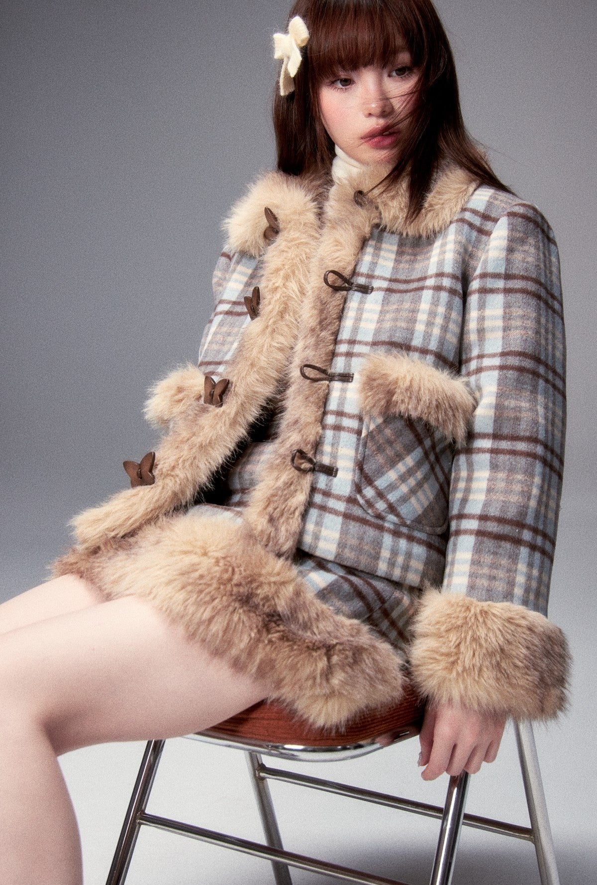 Woolen Plaid Furry Warm Jacket/Skirt LOS0013