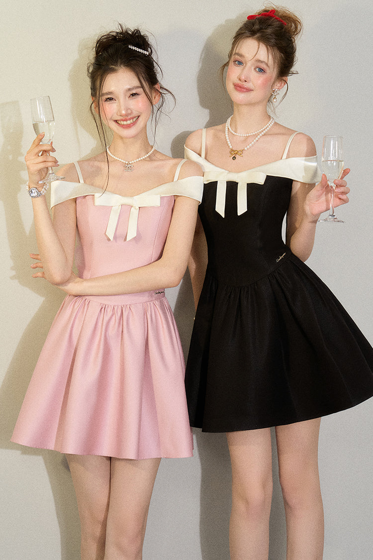 French style Bow One Shoulder Waist Suspender Dress UND0069