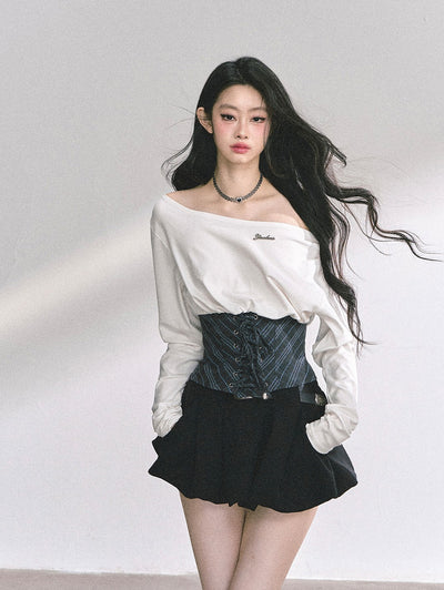 Oblique Shoulder Loose T-shirt DIA0544