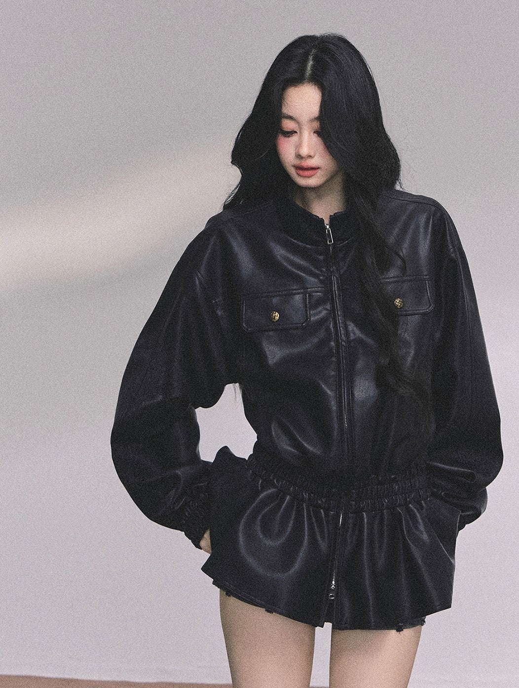 Stand Collar Black Leather Jacket DIA0603