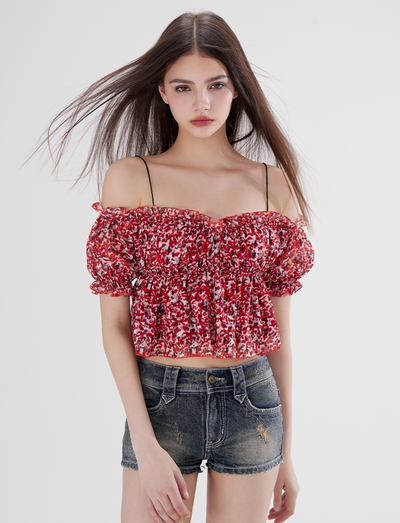 Floral Short One-shoulder Suspender Chiffon Shirt WOO0101