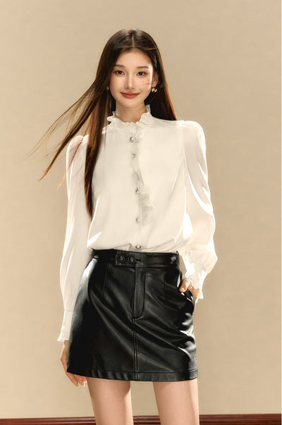 French Satin Textured Puff Sleeve Ruffle Design Shirt OSH0072