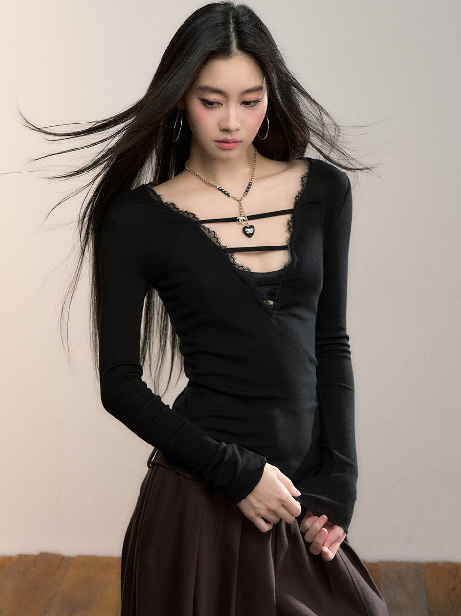 Reversible Lace-Trimmed Long-Sleeve T-Shirt VIA0360