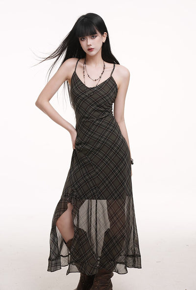 Green Plaid Suspender Dress LAD0173