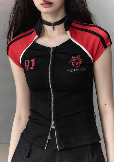 Casual Sports Contrast Color Zipper Waist Short-sleeved T-shirt VIA0131