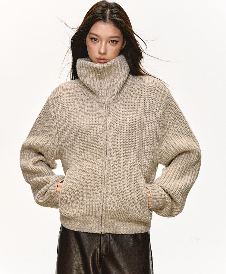 High-Neck Knitted Zipper Cardigan ANA0078