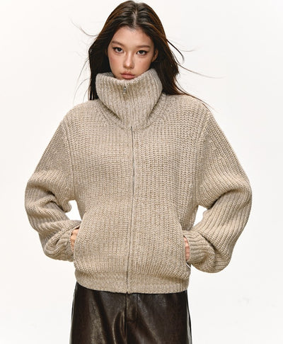 High-Neck Knitted Zipper Cardigan ANA0078