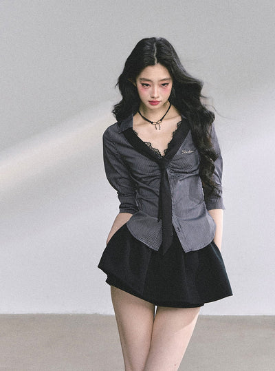 Lace Striped Slim Shirt DIA0572