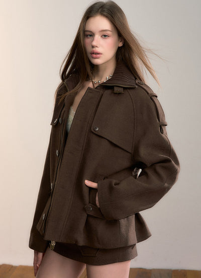 Brown High-neck Patchwork Wool Coat VIA0346