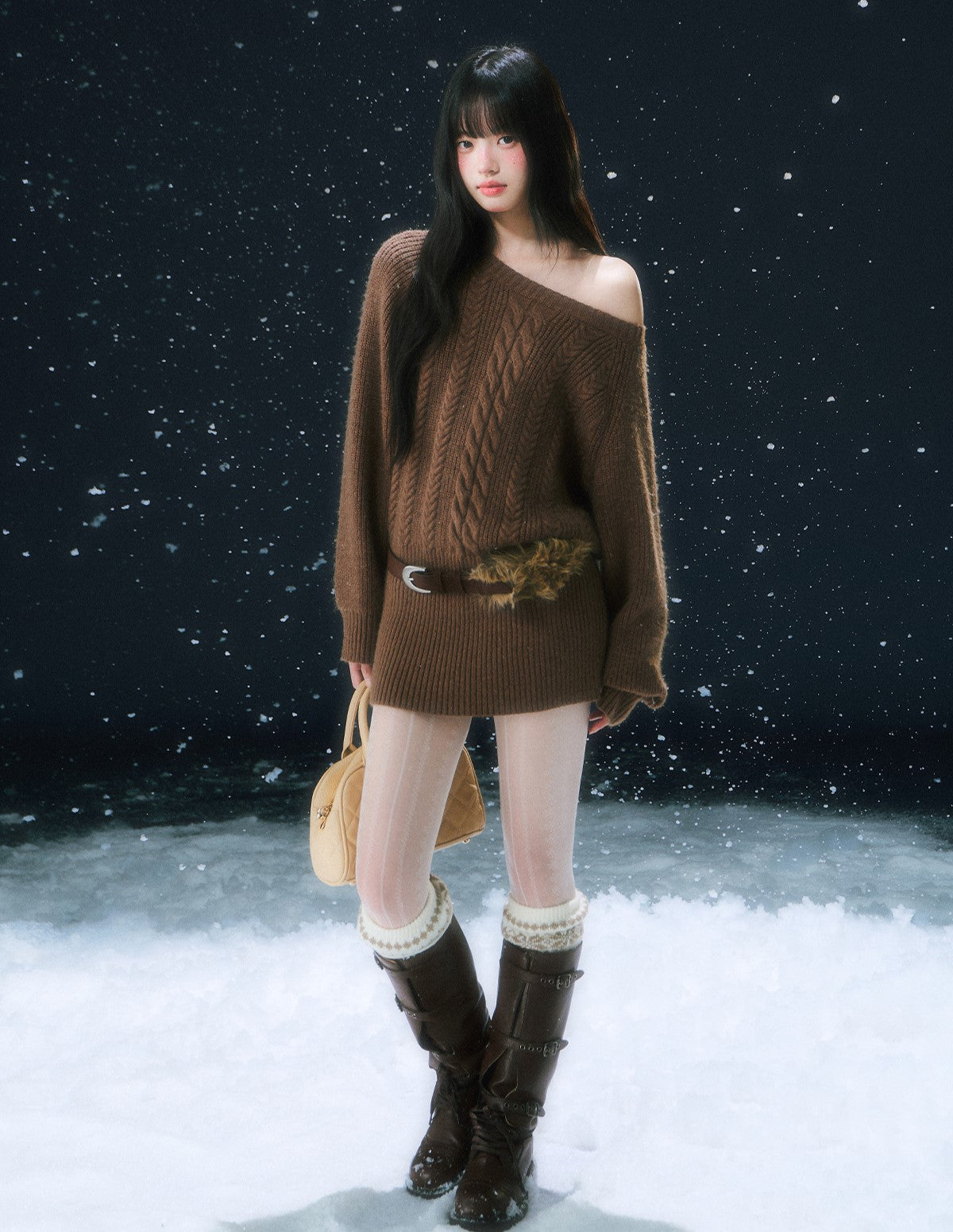 Off-shoulder Cable Knitted Dress WEE0102