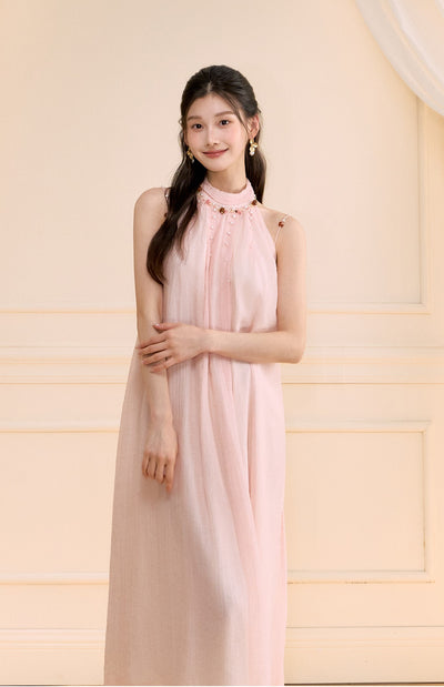 Halter Neck Beaded A-line Long Dress OSH0171