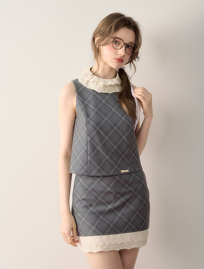 Gray Flower Printed/Checkered Sleeveless Top/Suit Skirt QDQ0060