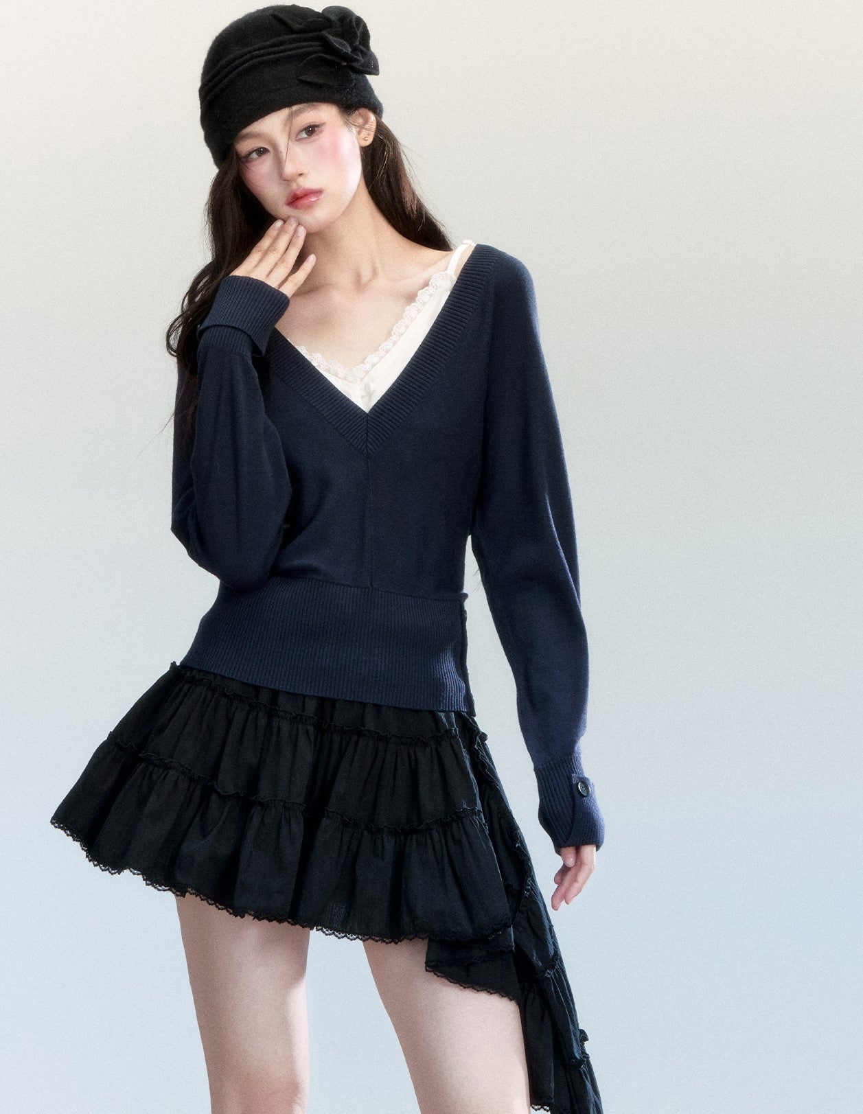 Batwing Sleeves V-Neck Sweater/Lace Camisole FRA0460