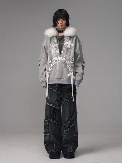 Print Half-Open Zipper Hooded Sweatshirt FRU0125