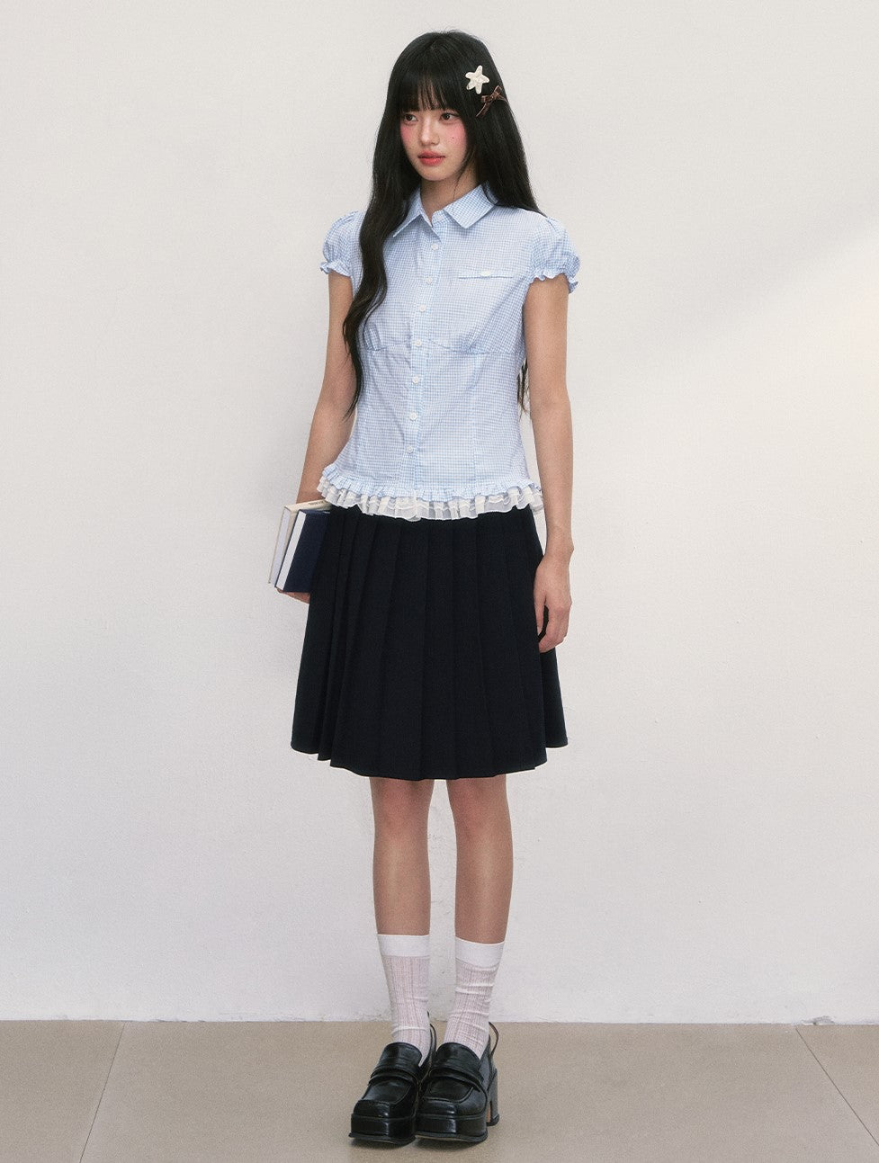 Lace Plaid Puff Sleeves Shirt WEE0042