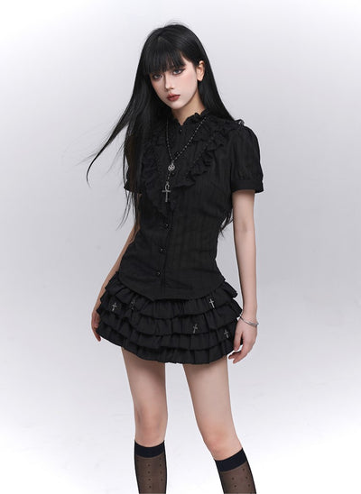 Black Short-sleeved Gothic Lace Shirt LAD0205