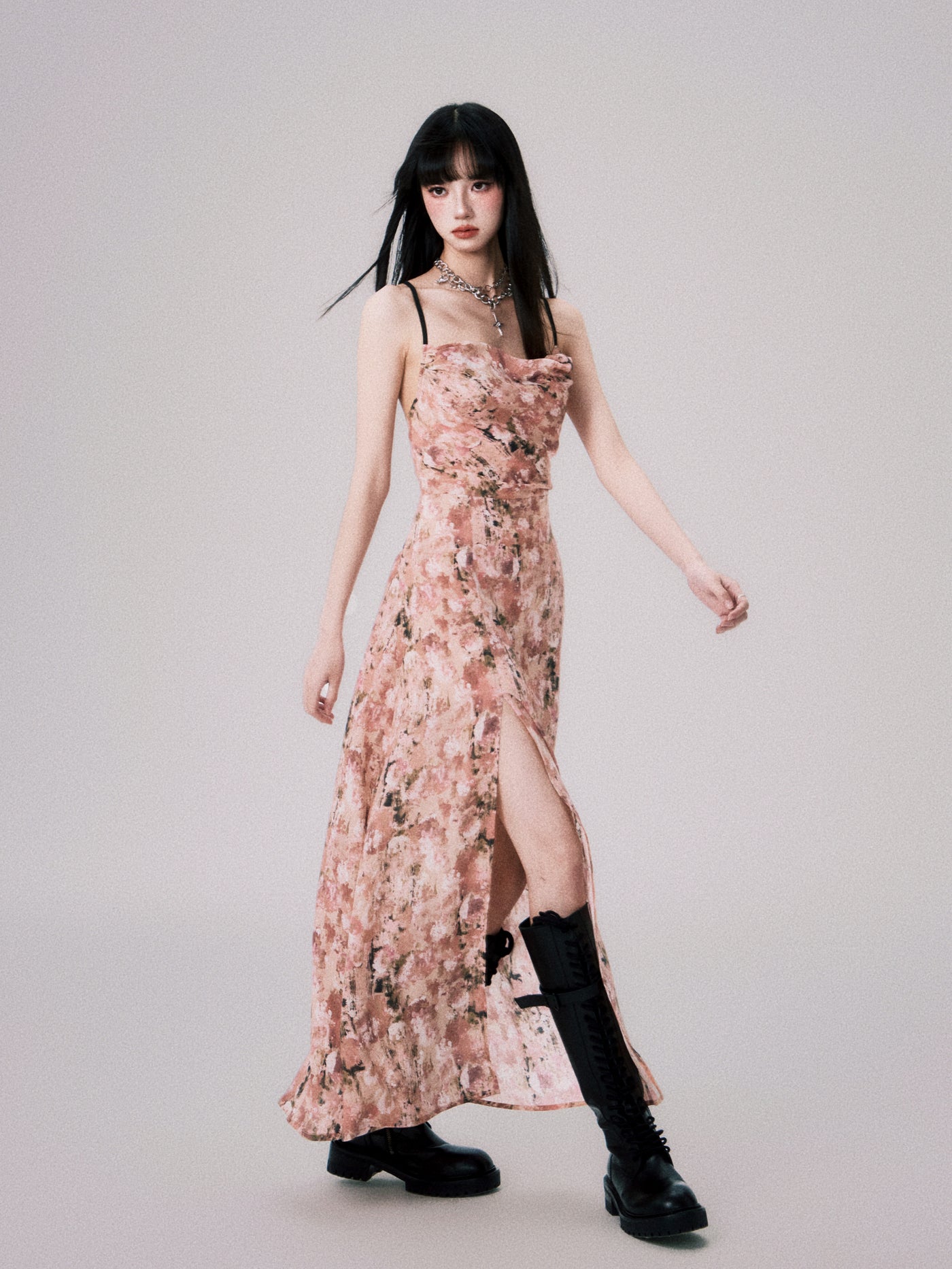 Apricot Pink Floral Swing Collar Backless Suspender Dress LUL0060