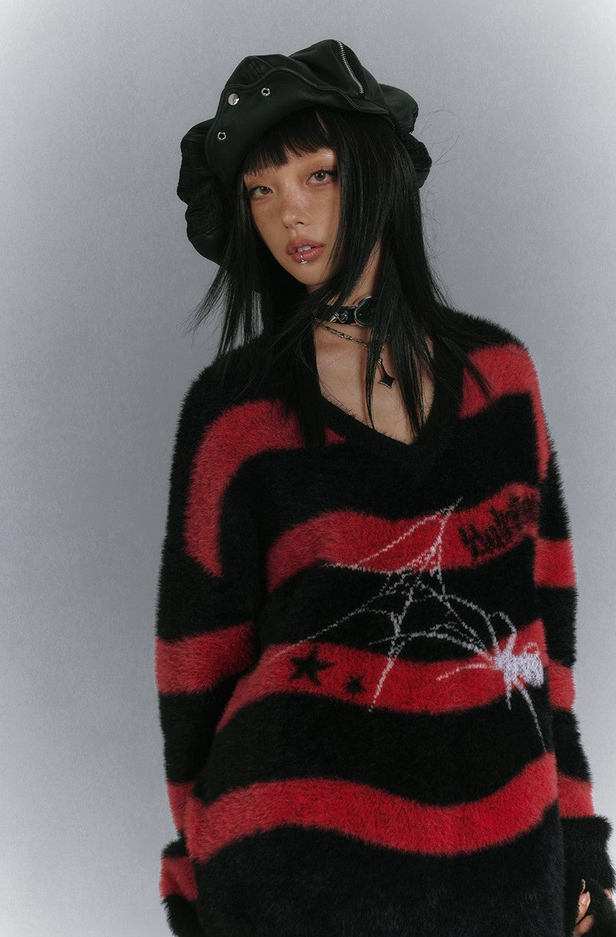 V-neck Spider Loose Striped Sweater KIN0147