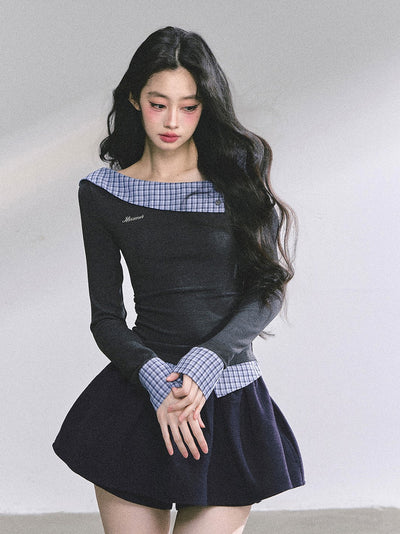 Fake Two-Piece Off-Shoulder Plaid T-Shirt DIA0575
