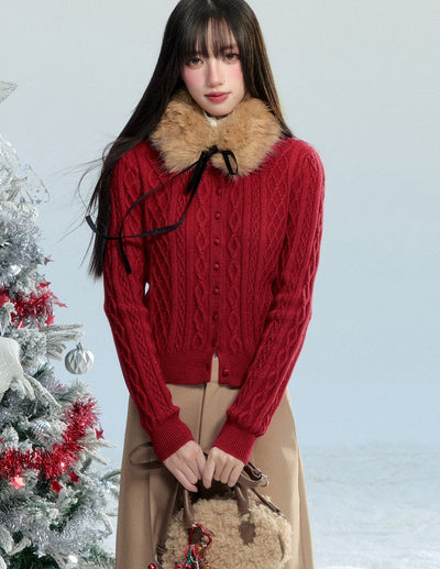Detachable Fur Tie Cable Sweater FRA0473