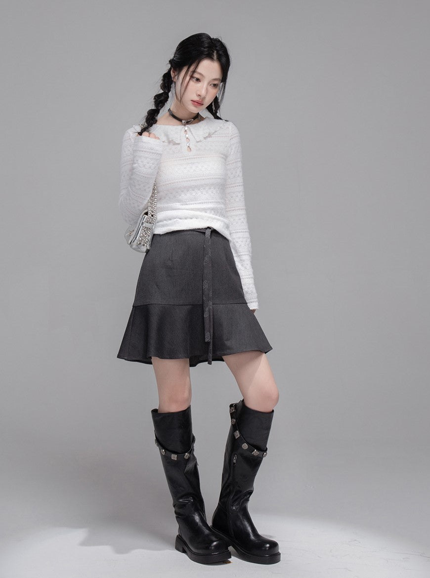 White Lotus Leaf Hollow Collar Sweater COT0348