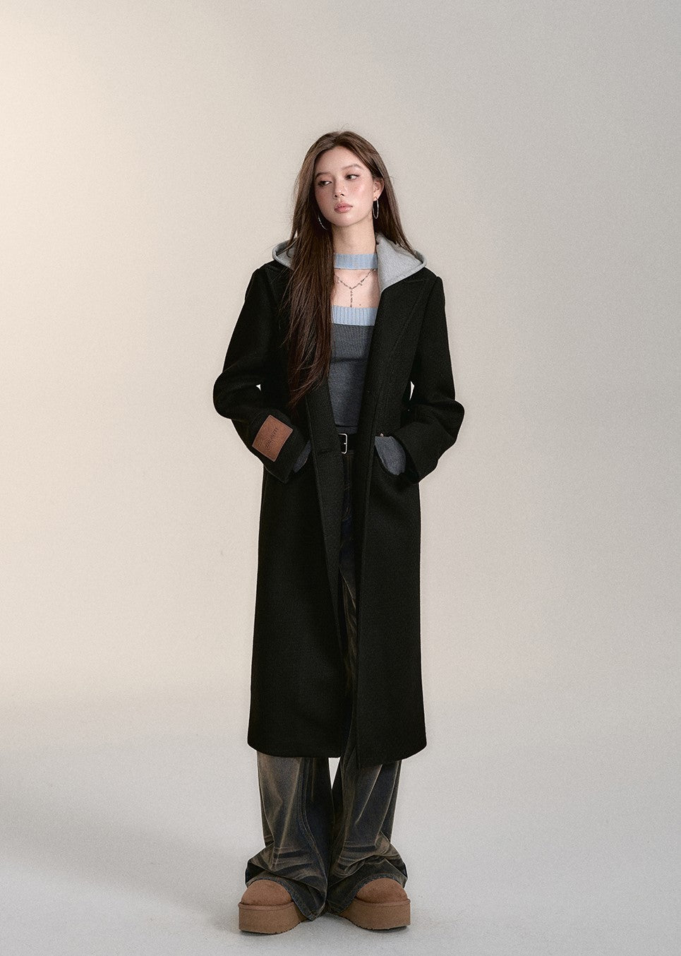 Woolen Hooded Versatile Long Coat VIA0176