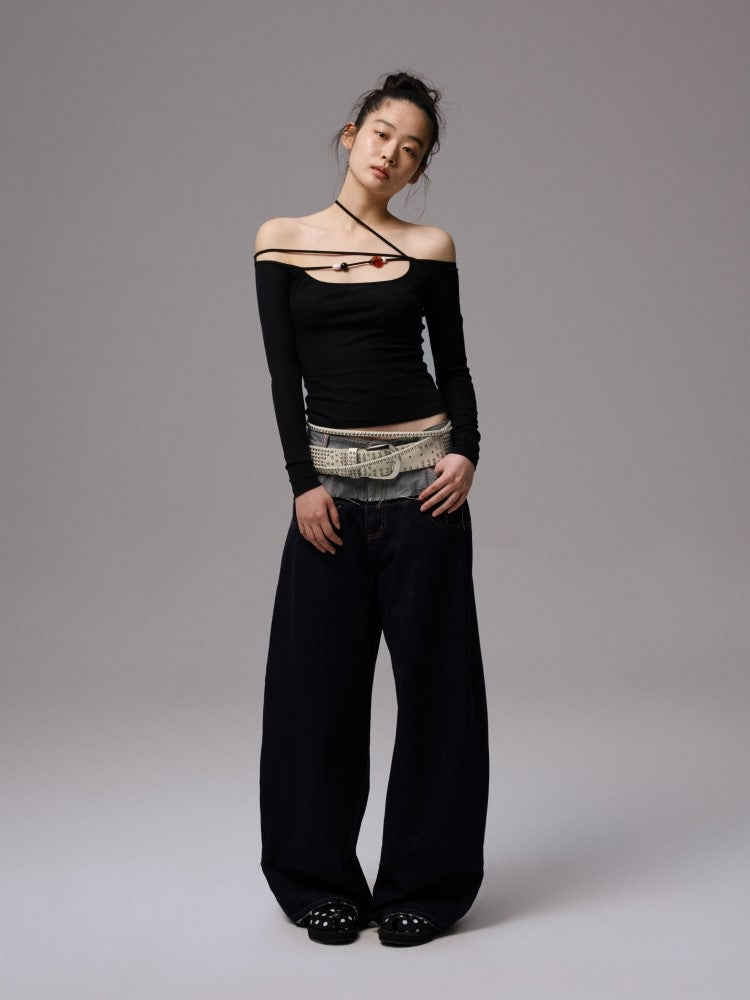 One-shoulder Beaded Strap T-shirt JIN0035