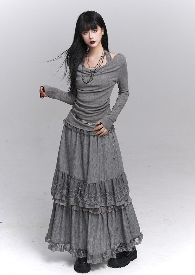 Off-Shoulder Long Sleeve Halter Neck Top LAD0231