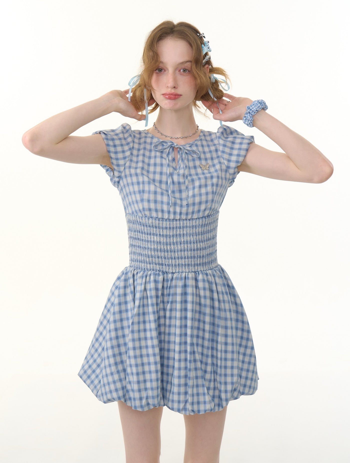 Retro Blue Plaid Puff Sleeve Dress ZIZ0288