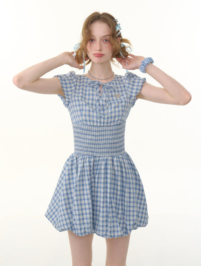 Retro Blue Plaid Puff Sleeve Dress ZIZ0288
