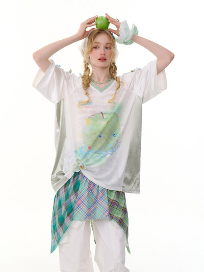 Apple Print Sports Style V-neck T-shirt ZIZ0286