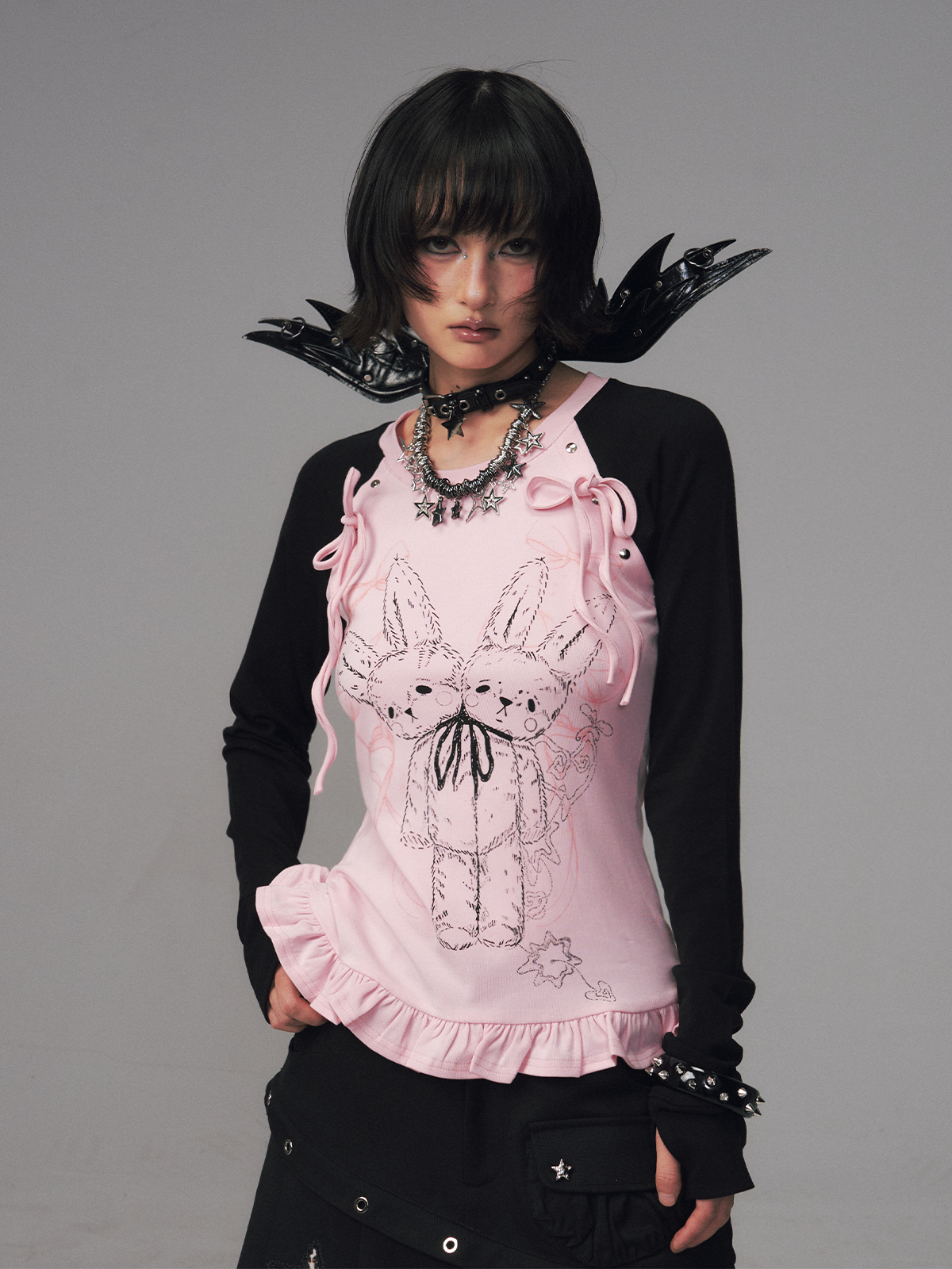 Bow Lace Print Raglan Long Sleeve T-Shirt FRU0126