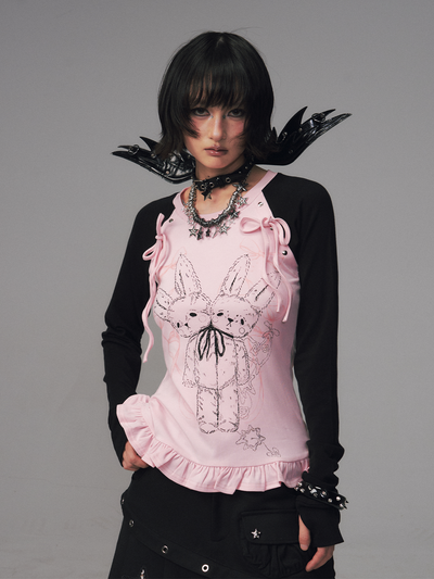 Bow Lace Print Raglan Long Sleeve T-Shirt FRU0126